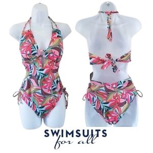 NWT Swimsuits For All One Piece Plunge Side Cut-Out Tropical Print #01-30